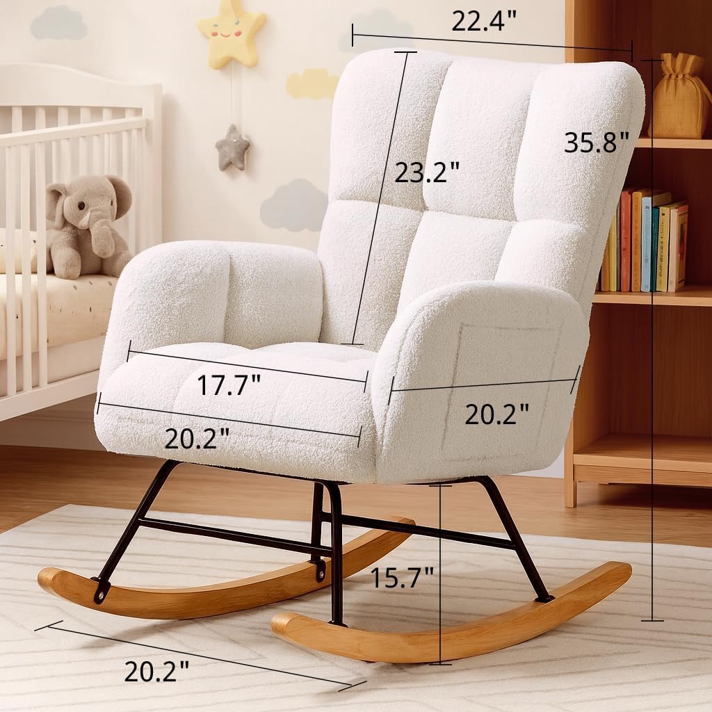 COMHOMA Nursery Rocking Chair with Ottoman,Teddy Glider Rocking Chair,Accent Chair with High Backrest Reading Chair for Adult,Nursery,Bedroom,Living Room,Offices(Beige with Ottoman)
