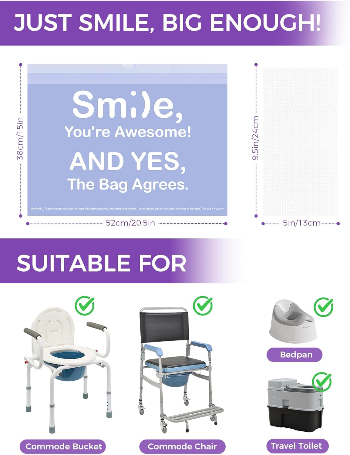 30 Pcs Bedside Commode Liners with Absorbent Pads, Tear-Free Leak-Proof Lavender Scented Commode Liners and Pads, Odor-Free Portable Toilet Liners & Potty Chair Bags for Disposable Adult, Bedpan