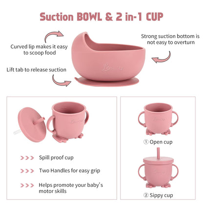Silicone Feeding Set|Baby Led Weaning Supplies|Suction Plate Bowl Set with Bib, Spoon, Fork, Sippy Cup|Feeding Eating Supplies BPA Free
