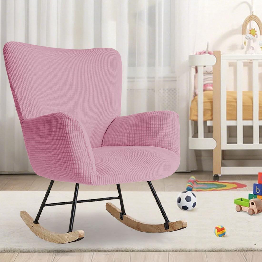 Nursery Rocking Chair Cover Stretch Glider Chair Covers Jacquard Modern Reading Chair Slipcover Rocking Accent Armchair Protector for Living Room Nursery Bedroom, Beige