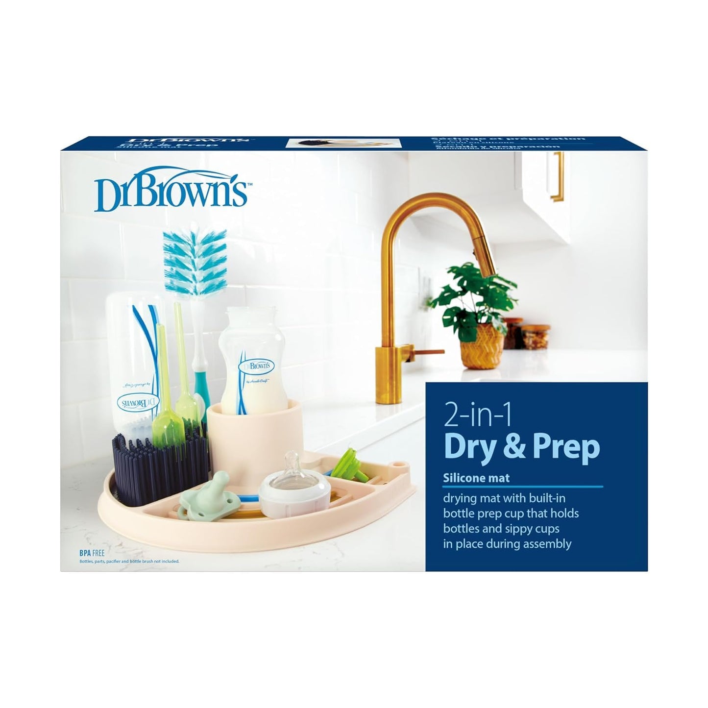 Dr. Brown's 2-in-1 Dry & Prep Silicone Mat, Silicone Baby Bottle Drying Mat with Removable Pegs for Baby Essentials, Built-in Bottle Prep, BPA-Free