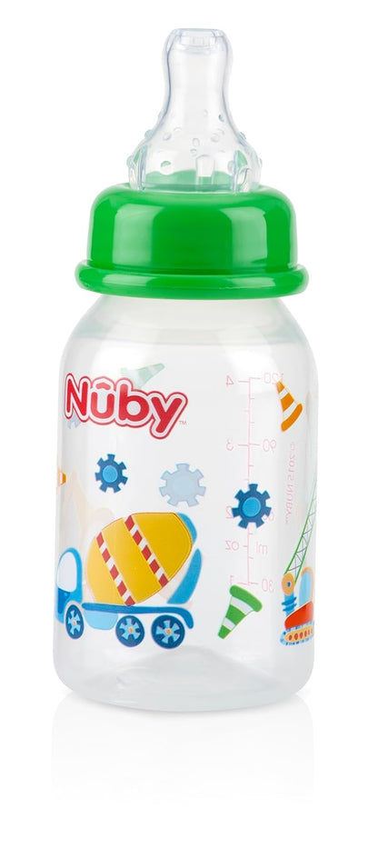 Nuby Printed Non-Drip Bottle, 4 Ounce, 1 Pack of 1 Bottle, Colors May Vary
