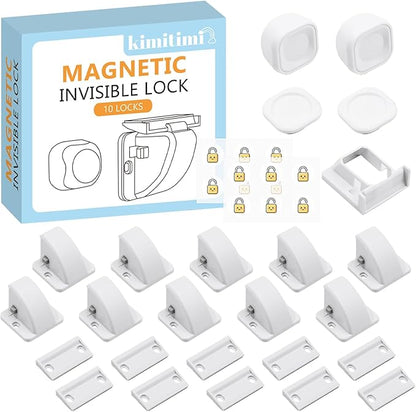 10 Pack Magnetic Cabinet Locks Baby Proofing - Child Safety Cabinet Latch Locks with Adhesive, No Drill or Tools Installation, for Cabinets Drawers Doors
