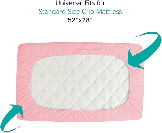 Crib Mattress Protector Waterproof Crib Sheets Fitted 2 Pack Toddler Mattress Pad Cover Improved Thickness Machine Washable 52" x 28" Pink Quilted
