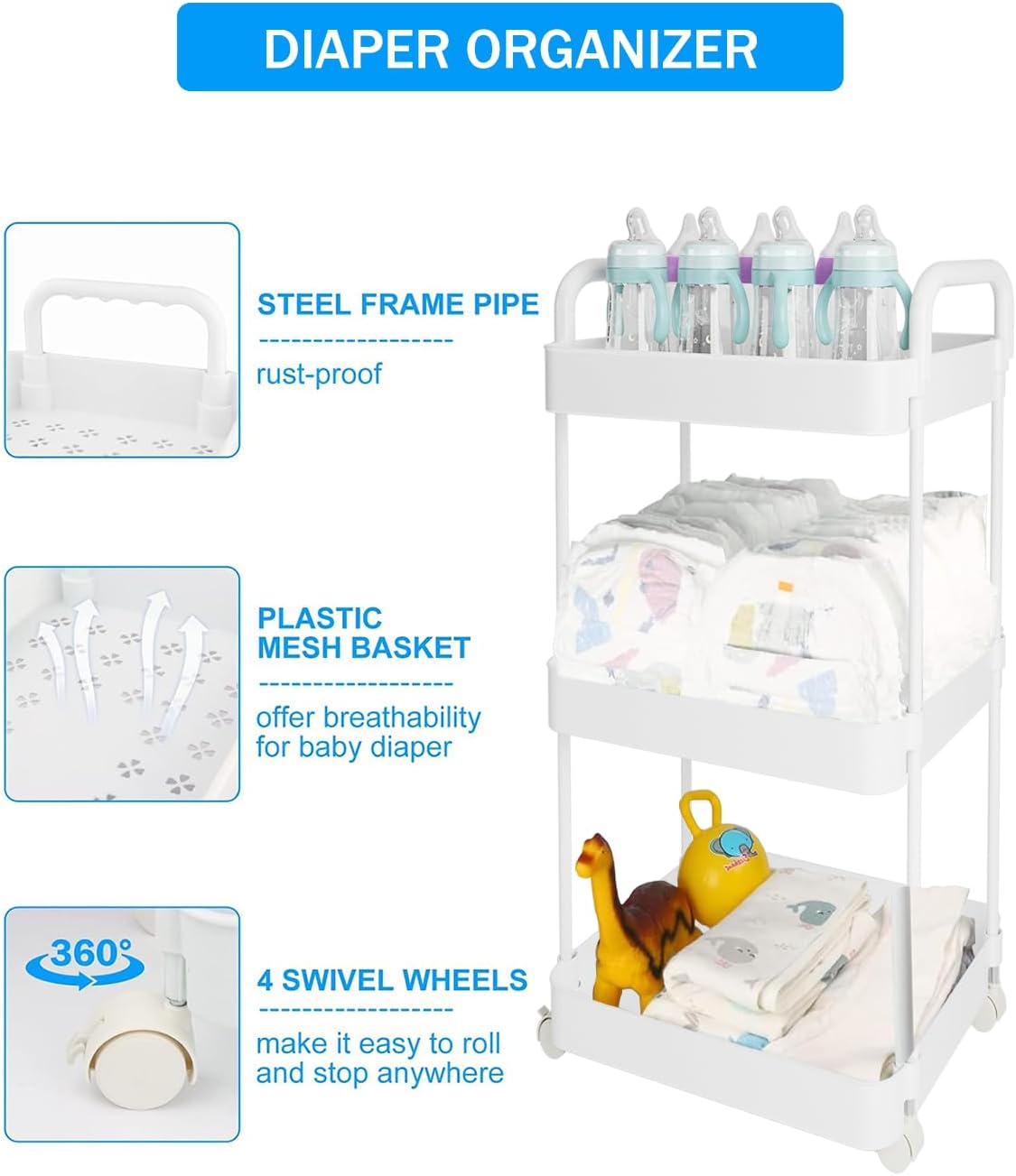 Volnamal Baby Diaper Caddy, Plastic Movable Cart for Newborn Nursery Essentials Diaper Storage Caddy Organizer for Changing Table & Crib, Easy to Assemble, Beige
