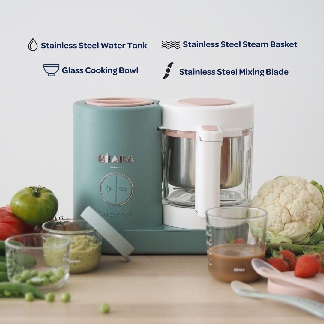 BEABA Babycook Neo, Baby Food Maker, Glass Bowl Baby Food Processor, 4 in 1 Steam Cook & Blender, Stainless Steel Steam Basket, Easy Clean Reservoir, 5.5 Cup Capacity, Eucalyptus