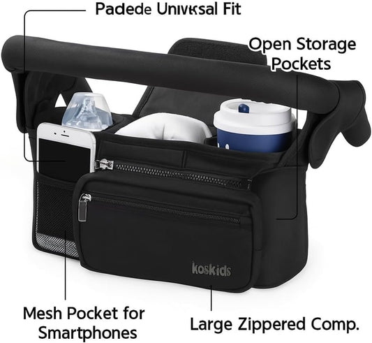 Universal Stroller Organizer with Insulated Cup Holder, Detachable Phone Bag, Shoulder Strap – Fits All Stroller Types, Keeps Drinks Hot/Cold (Pink)
