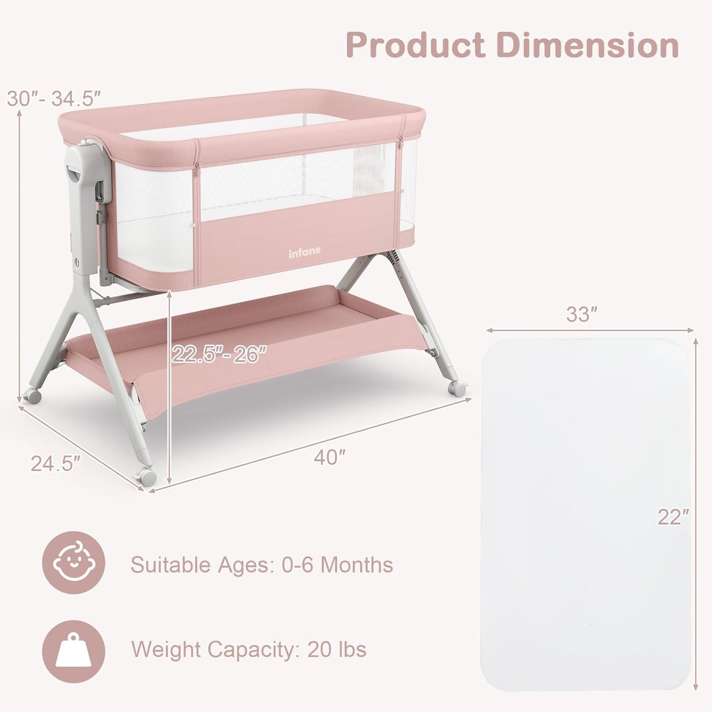 INFANS 5 in 1 Baby Bassinet, Upgraded Rocking Bedside Sleeper with Wheels, Storage Basket, Travel Bag, Mosquito Net, Height Adjustable, Portable All Mesh Crib for Newborn/Infant (Pink)