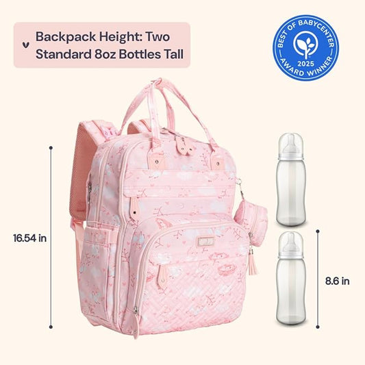 BabbleRoo Diaper Bag Backpack - Baby Essentials Travel Tote - Multi Function Water Resistant Diaper Bag, Travel Essentials Baby Bag with Changing Pad, Stroller Straps & Pacifier Case - Pink Birdy