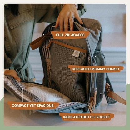 Parker Baby Diaper Backpack - Full Zip Diaper Bag with Insulated Pockets - Gray