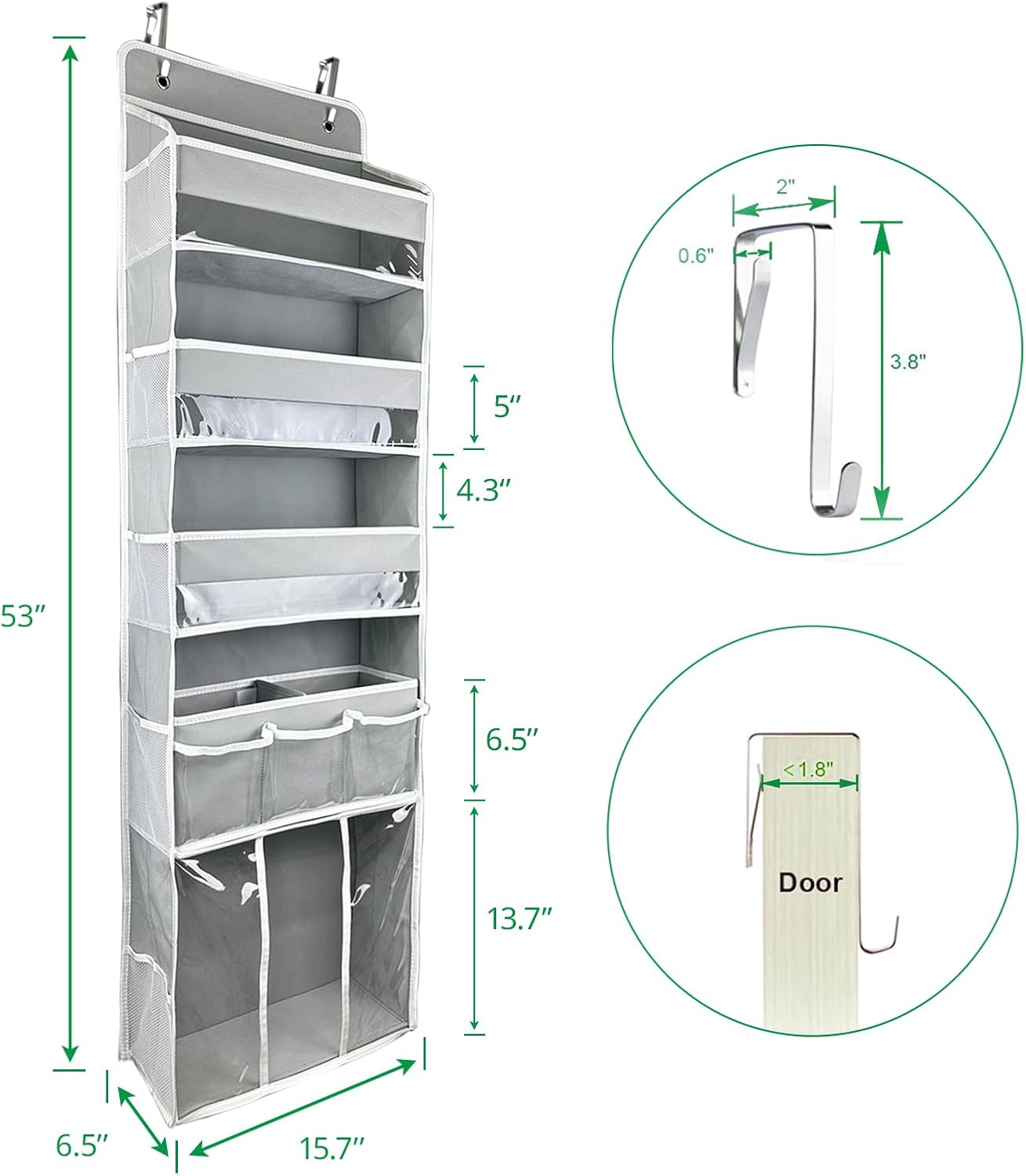 Door Hanging Storage Organizer,with 3 Bins 1 Movable Baby Diaper Caddy,1 Large capacity diaper stacking storage Organizer,10 Side Pockets ,Bedroom Door Storage for Nursery Baby Essentials. (Dark grey)