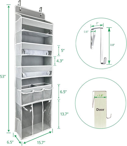 Door Hanging Storage Organizer,with 3 Bins 1 Movable Baby Diaper Caddy,1 Large capacity diaper stacking storage Organizer,10 Side Pockets ,Bedroom Door Storage for Nursery Baby Essentials. (Dark grey)