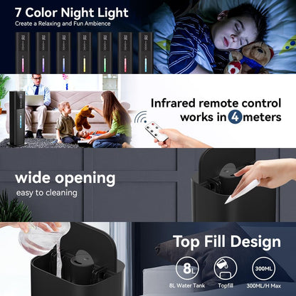 Humidifiers Large Room Bedroom with 7 Colors Light,Honovos 8L 2.1Gal Quiet Ultrasonic Cool Mist Topfill Humidifier with 360° Nozzle 3 Speed Humidistat Essential Oil Tray for Baby Home Plant Yoga Sleep