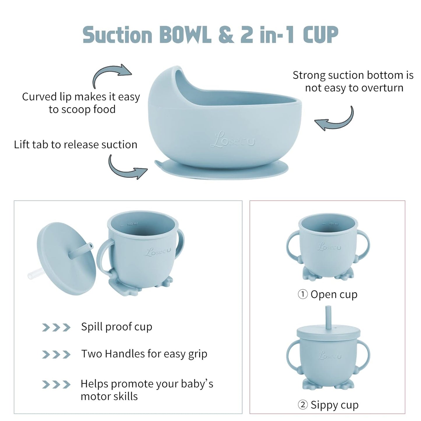 Silicone Feeding Set|Baby Led Weaning Supplies|Suction Plate Bowl Set with Bib, Spoon, Fork, Sippy Cup|Feeding Eating Supplies BPA Free