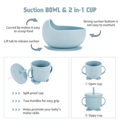 Silicone Feeding Set|Baby Led Weaning Supplies|Suction Plate Bowl Set with Bib, Spoon, Fork, Sippy Cup|Feeding Eating Supplies BPA Free