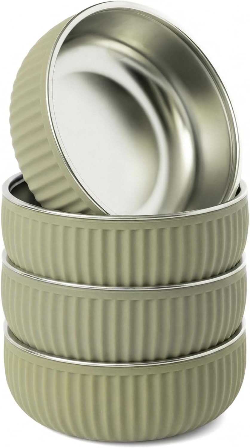 Monkey Proof™ Non-Toxic Stainless Steel Child Bowl 5” with Non-Slip Grooved Silicone Shell, (Set of 4 bowls) Unbreakable, Mess Free Feeding for Babies, Toddlers, Kids, BPA free (Stormy Sky Grooved)