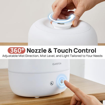 Clarston Humidifiers for Bedroom, 2L Top Fill with 360° Nozzle for Large Room, 7-Color Night Light, 24dB Quiet Cool Mist Air Humidifier for Baby Nursery & Plants, No BPA, Auto Shut Off, Easy to Clean