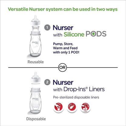 Playtex Baby Anti-Colic Nurser Bottles with Pre-Sterilized Disposable Drop-Ins Liners, 4 Oz Bottles (3 Count), Includes Slow Flow Nipples for Newborn and Breastfeeding Babies, Feeding Essentials