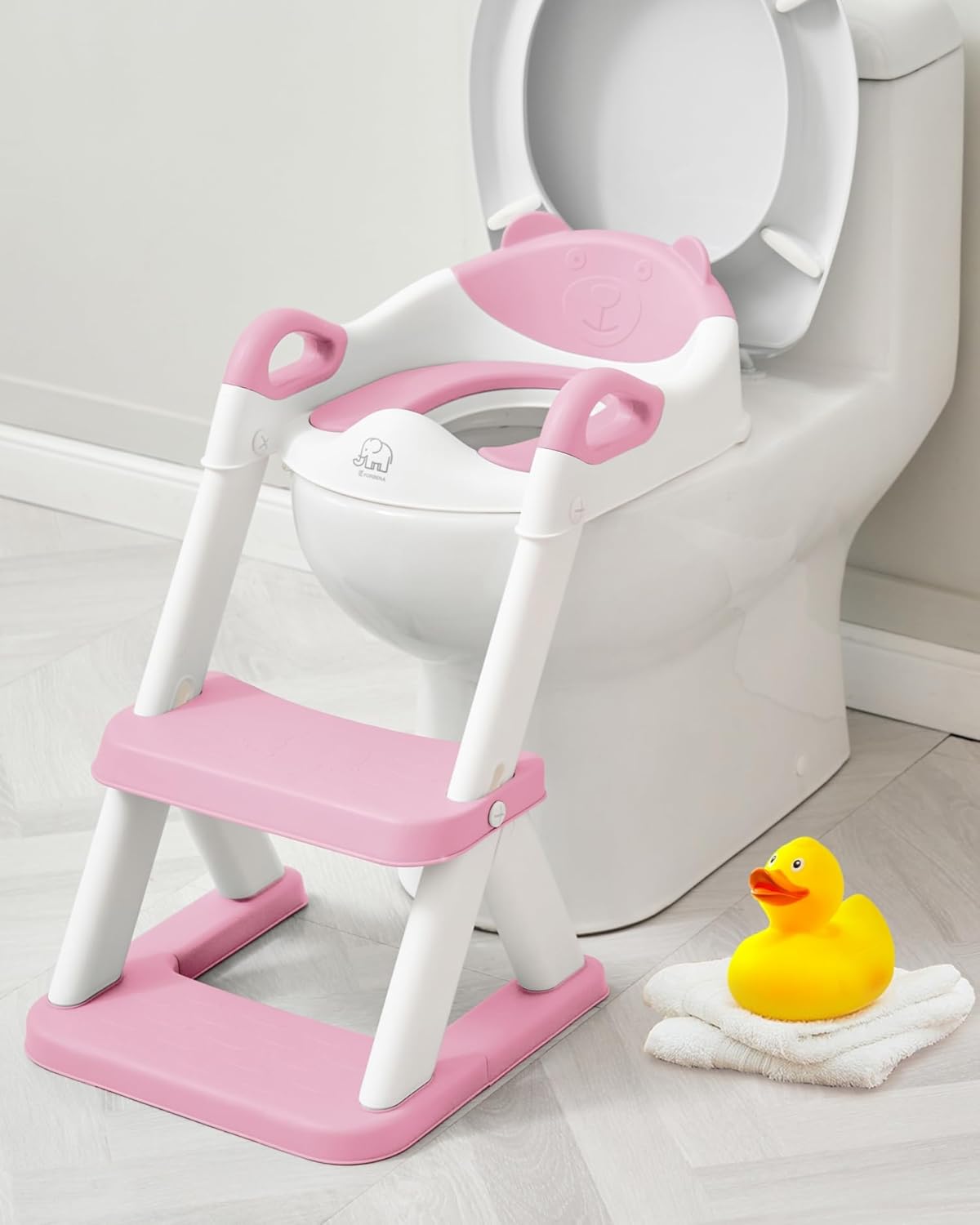 Forbena Toddler Potty Training Seat with Step Stool Ladder, Toilet Potty Seat for Baby Boys Girls Toddlers, Kids Chair Stairs with Handles and Soft Cushion (White and Grey)