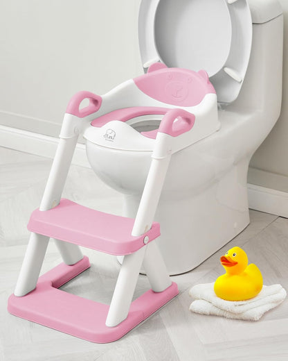 Forbena Toddler Potty Training Seat with Step Stool Ladder, Toilet Potty Seat for Baby Boys Girls Toddlers, Kids Chair Stairs with Handles and Soft Cushion (White and Grey)