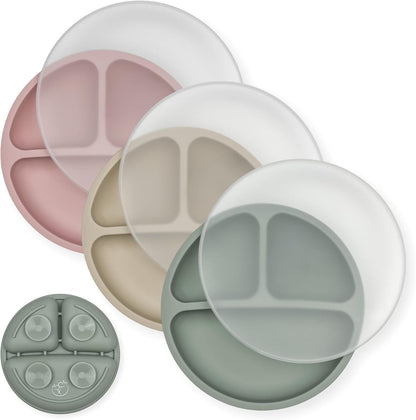 Hippypotamus Toddler Plates with Suction - 100% Food-Grade Silicone Baby Plates with Lids - Microwave & Dishwasher Safe - BPA Free - Set of 3 (Pink/Mint/Lavender with LIDS)
