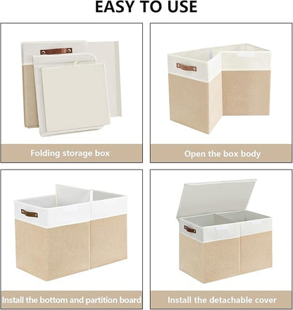 Bagnizer Large Toy Storage Box with Lids, Collapsible Sturdy Baby Storage Organizer Chest Bin Basket for Kids, Boys, Girls, Playroom, Nursery, Bedroom, Closet 25"x13"x16" (Beige and White)