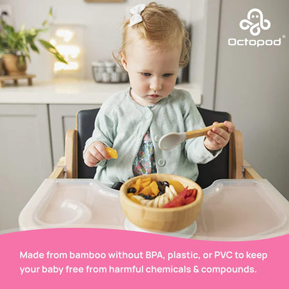 Abiie Octopod Bamboo Baby Bowl Set for 4 Months and Up – Mess-Free High Chair Suction Bowl with Spoon for Toddlers and Kids - Ergonomic Baby Feeding Essentials - 5.7" x 3" x 5.7" - Pink