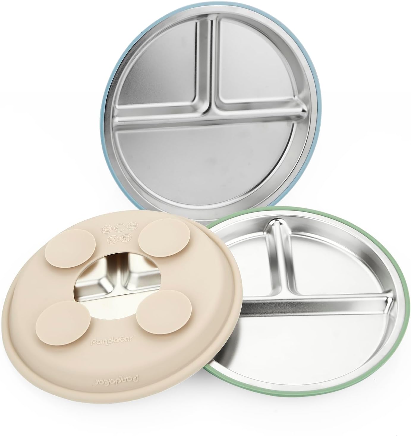 PandaEar 3 Pack Stainless Steel Baby Suction Plates, Divided Toddler Plate for Baby Led Weaning Supplies, Non-Slip Toddler Baby Feeding Set Dishwasher Safe (Pink/Linen/Light Pink)
