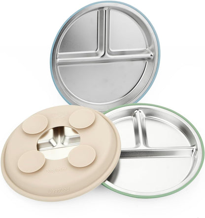 PandaEar 3 Pack Stainless Steel Baby Suction Plates, Divided Toddler Plate for Baby Led Weaning Supplies, Non-Slip Toddler Baby Feeding Set Dishwasher Safe (Pink/Linen/Light Pink)