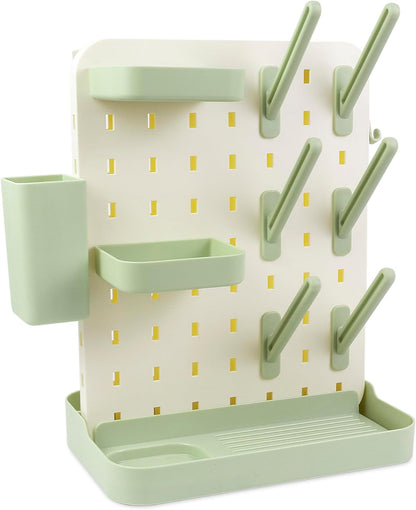 Baby Bottle Drying Rack Space Saving Countertop Vertical Rack with Brushes Holder (Pink)