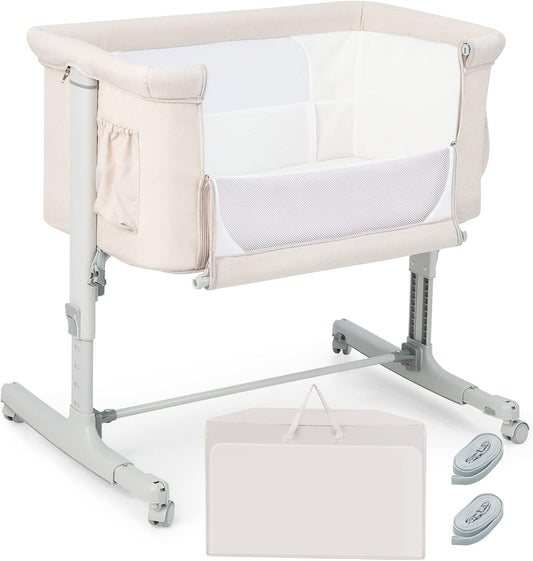 HONEY JOY Baby Bassinet Bedside Sleeper, 3-in-1 Easy Folding Portable Crib for Baby with Wheels, 5 Adjustable Heights, Easy to Assemble Bed to Bed, Mattress & Carry Bag for Infant Newborn (Pink)