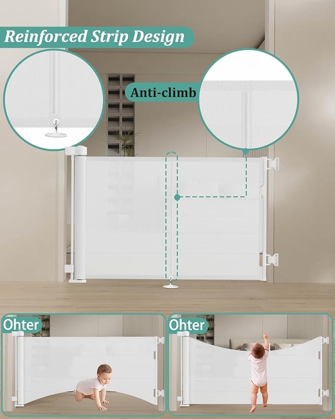Miumoon 59 inch Retractable Baby Gates 34 inch Tall, Retractable Gate with Reinforced Strip Design to Prevent Crawling Through, 5 FT Retractable Dog Gate for Stairs, Doorways, Hallways, Indoor/Outdoor