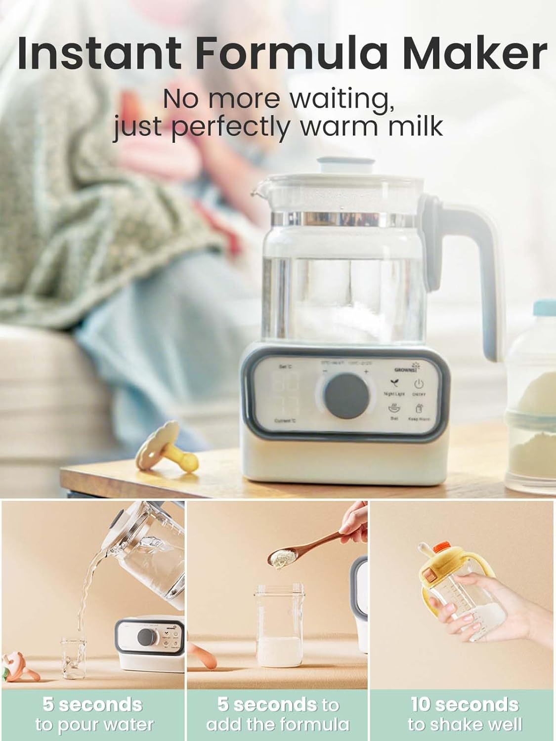 GROWNSY Baby Instant Warmer, Glass Water Boiler with Accurate Temperature Control for Formula, Coffee and Tea, 1.2 Liter Electric Kettle with LCD Display and Timer