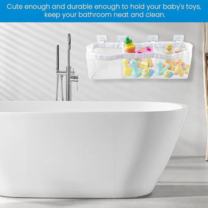 JIANWEI Bath Toy Organizer, 3 Compartment Bathtub Toy Storage Bag, Quick Access Bath Toy Holder with 4 Hooks, Mesh Shower Caddy Practical Supplies for Toy Organizer and Sorting(White)