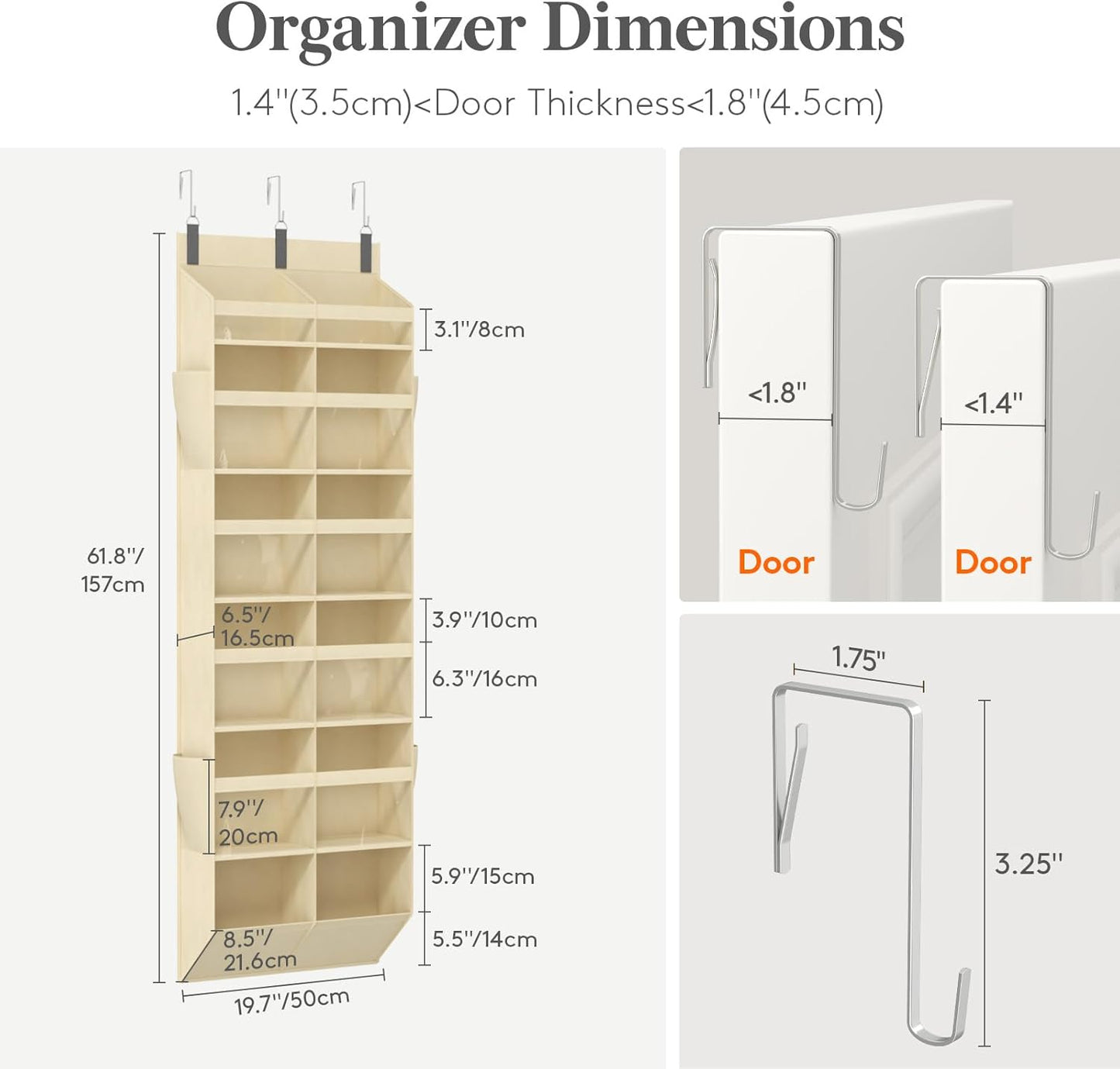 Lifewit 1 Pack Over the Door Organizer, 5 Section Clear Window Hanging Storage with 4 Side Pockets, Sturdy Anti Tilt 40 lbs Load Behind Door for Closet, Bedroom, Bathroom, Nursery, Dorm, Gray