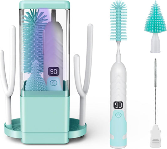 Electric Bottle Brush Cleaner, Portable & Rechargeable Electric Baby Bottle Brush Travel Kit– Nipple & Baby Straw Cleaner Brush,UV sterilized for Moms (Green)