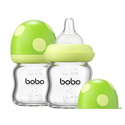 YOHKOH Natural Glass Baby Bottle with Level 1 Slow Flow Nipple, Newborn Anti-Colic Baby Bottles, Wide Neck Mushroom Baby Glass Bottle (Multicolour-A, 3.4oz (Pack of 4))