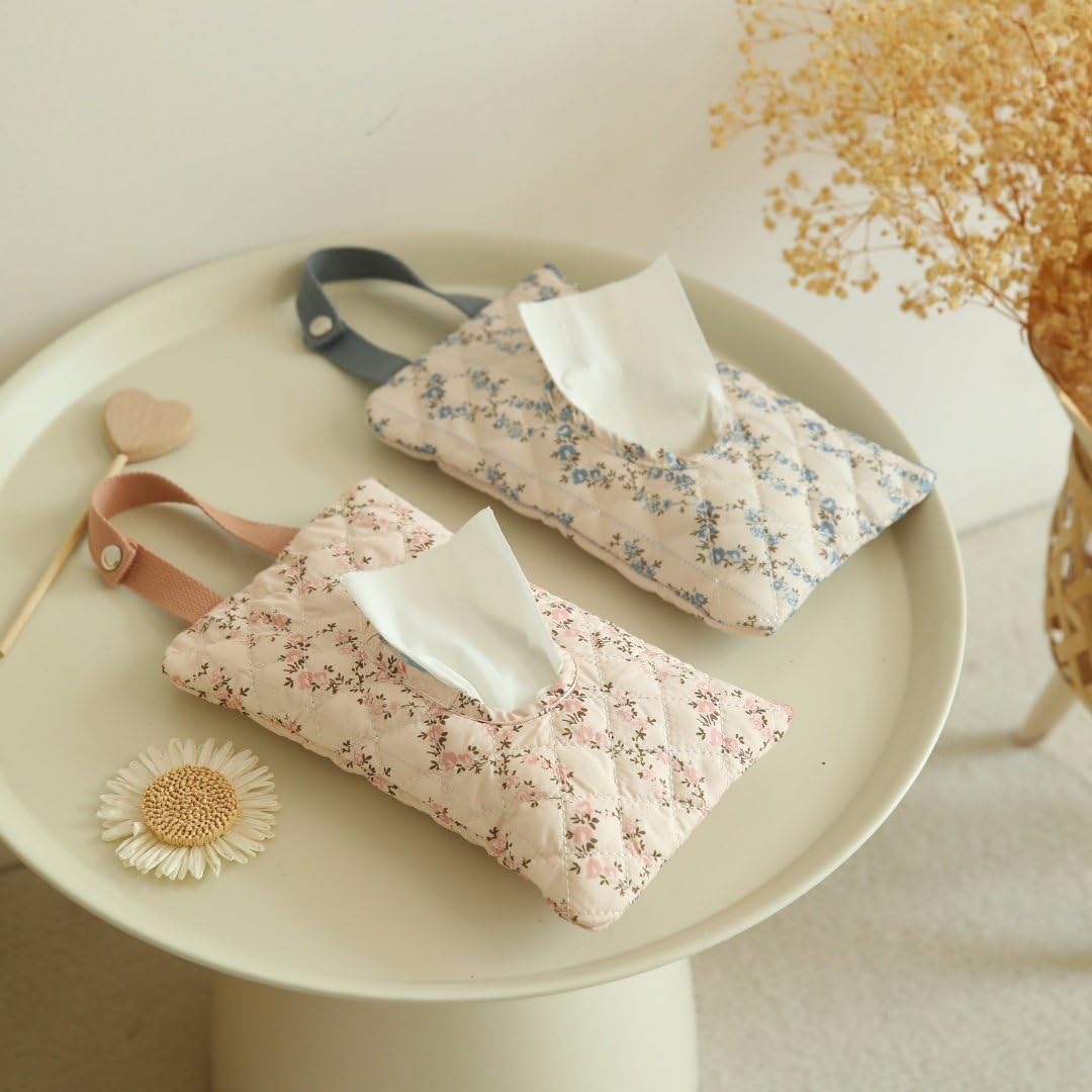 Quilted Baby Wipe Holder Quilted Wipe Pouch Portable Hanging Floral Wet Wipes Bag for Car, Stroller
