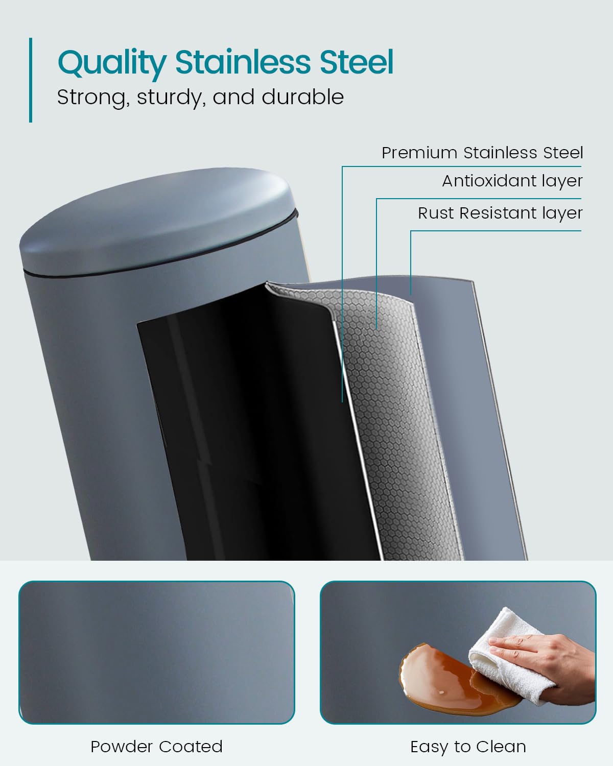Diaper Pail, Airtight Odor Control Baby Diaper Bin with Childproof Lock, Stainless Steel Garbage Pail with lid, 15 Liter/ 4 Gallon Compact Nursery Trash Can with Removal Inner Liner, Blue