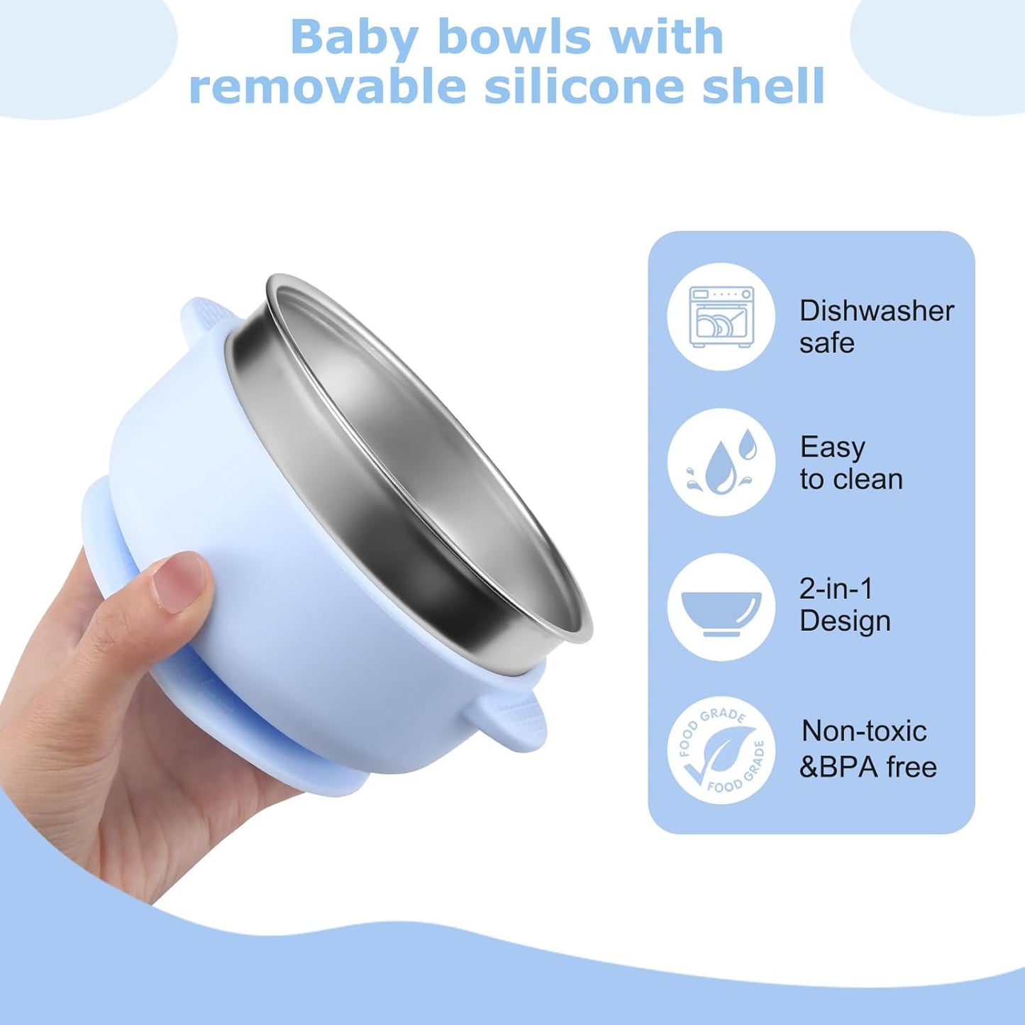 2 Pack Stainless Steel Baby Bowls with Removable Non-Slip Silicone Suction Shell and Lids, Anti Scald Food Container for Baby Food Feeding-Gray & Cream