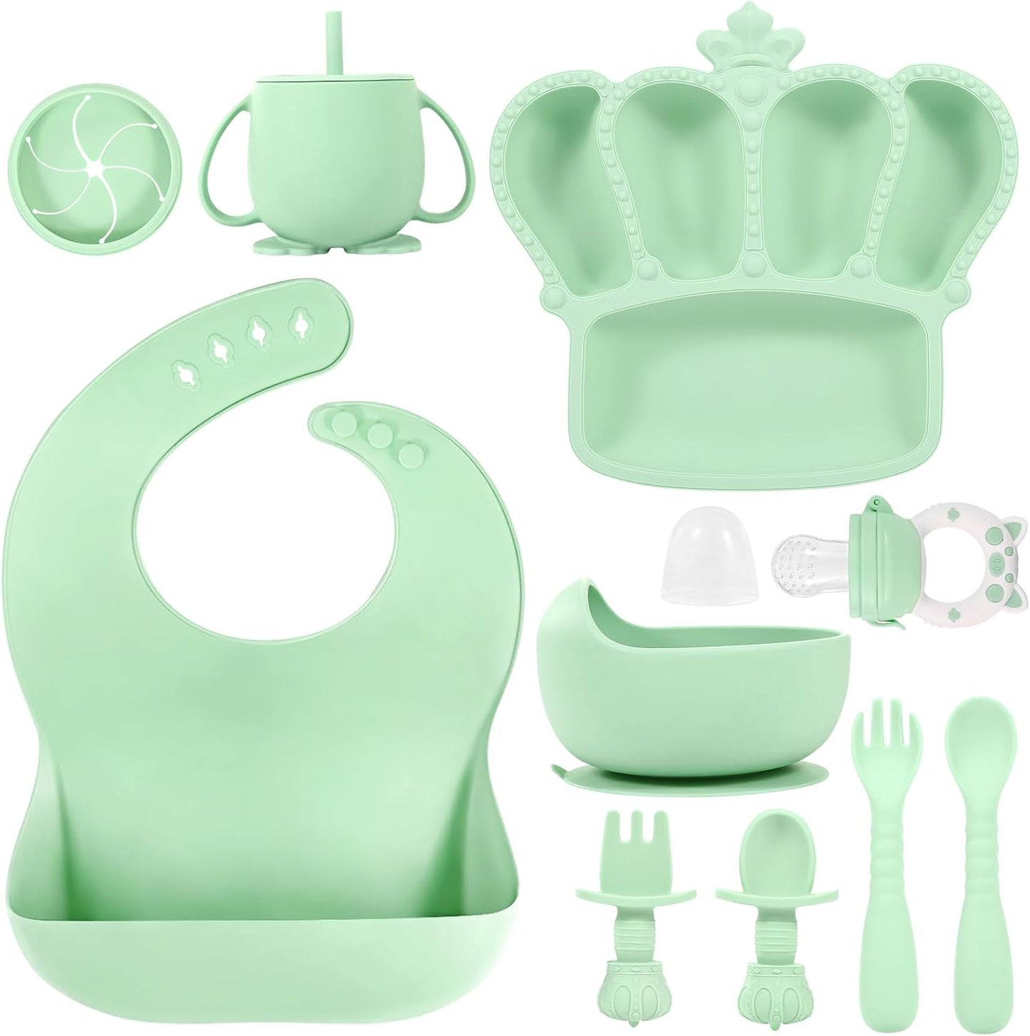 Silicone Baby Feeding Set 10 Pcs Baby Led Weaning Supplies Suction Bowl Divided Plate Baby Bibs Fruit Feeder Baby Spoons Forks Sippy Cup Toddler Utensil Sets Baby Essentials for Newborn Gift