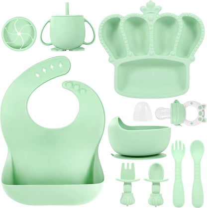 Silicone Baby Feeding Set 10 Pcs Baby Led Weaning Supplies Suction Bowl Divided Plate Baby Bibs Fruit Feeder Baby Spoons Forks Sippy Cup Toddler Utensil Sets Baby Essentials for Newborn Gift