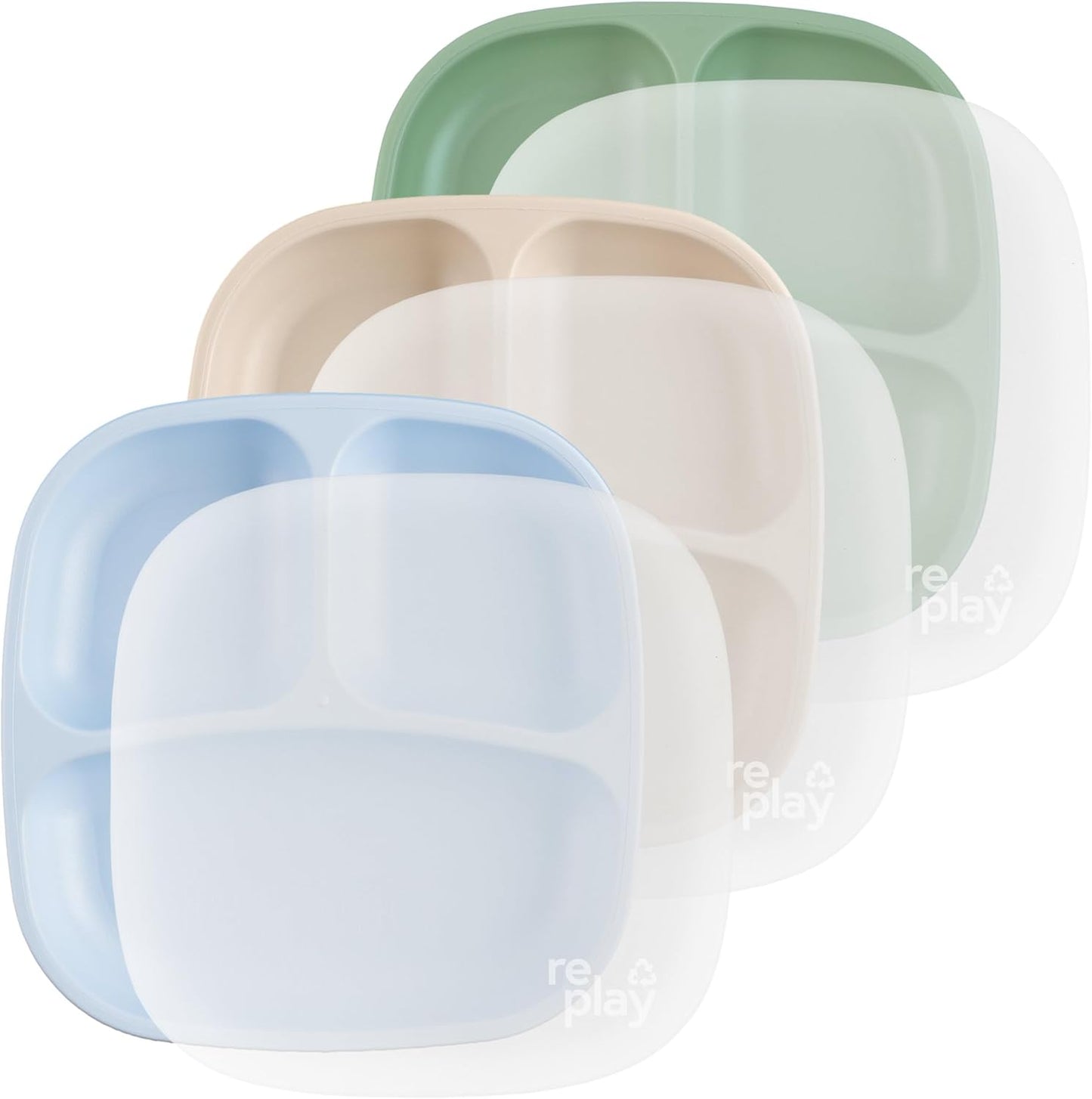 Re-Play Toddler Plates with Dividers - Deep-Walled 3 Compartments Divided Plates for Kids - Dishwasher & Microwave Safe - Made in USA - Set of 3-7.37" x 7.37" x 1.25" - Beach Baby
