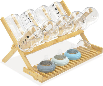 DSVENROLY Baby Bottle Drying Rack Foldable Vertical Bamboo Milk Bottle and Accessories Organizer for Busy Parents, Maximizes Space, Quick Drying, Easy Cleanup & Storage (Bamboo)