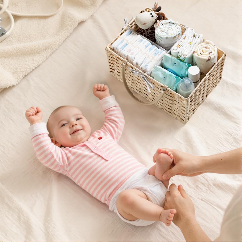 HBlife Large Diaper Caddy Organizer, Washable Waterproof, Portable Plastic Wicker Woven Basket with Divider, Nursery Diaper Station, Baby Shower Gifts Basket & Car Organizer