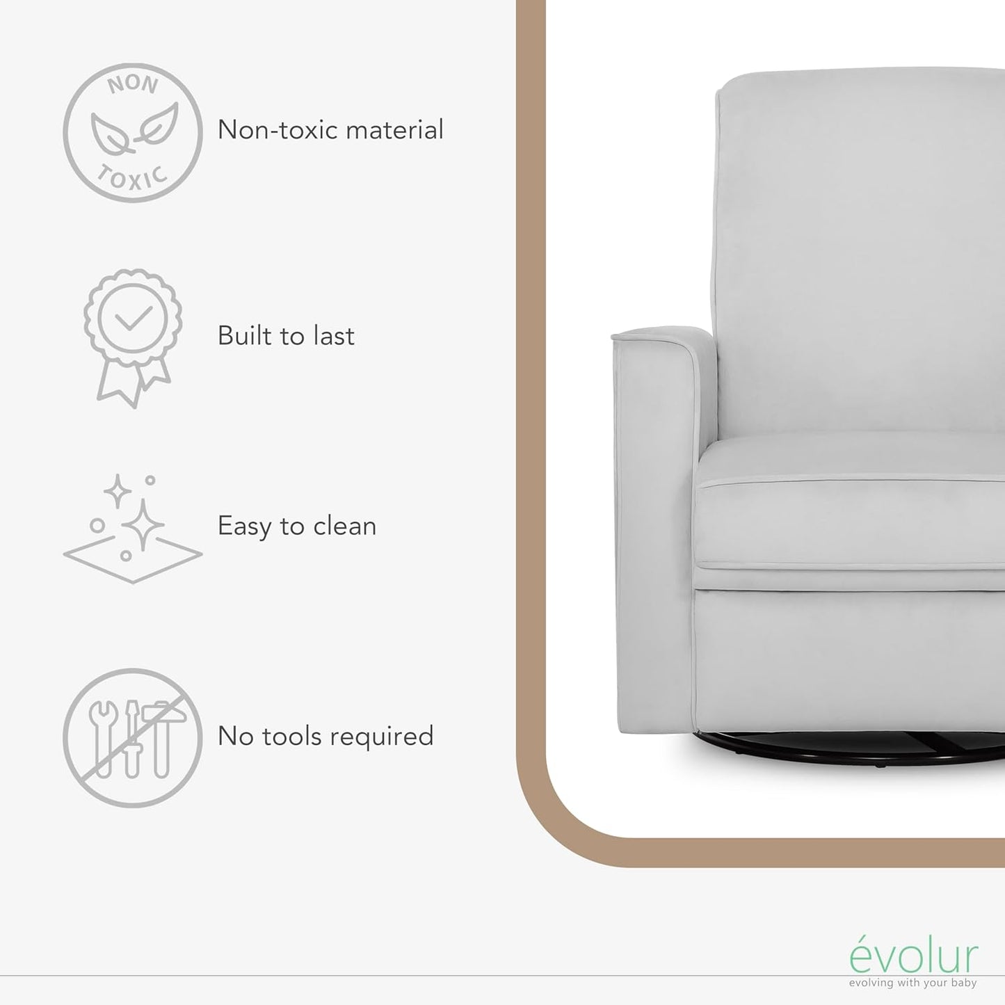 Evolur Raleigh Upholstered Manual Glider Recliner– Rocking & 360° Swivel with Smooth Glide – Greenguard Gold & FSC Certified – Modern Nursery and Living Room Chair in Light Sand