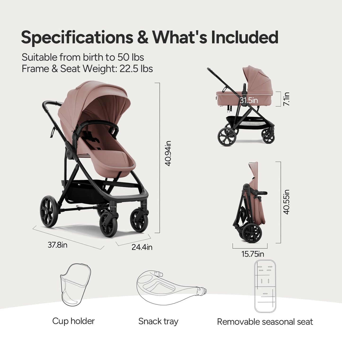 Mompush Baby Stroller, Convertible 2-in-1 with Bassinet Option, Infant Car Seat Compatible, Includes Adapter - Sturdy Full-Size Infant Stroller for Family Adventures