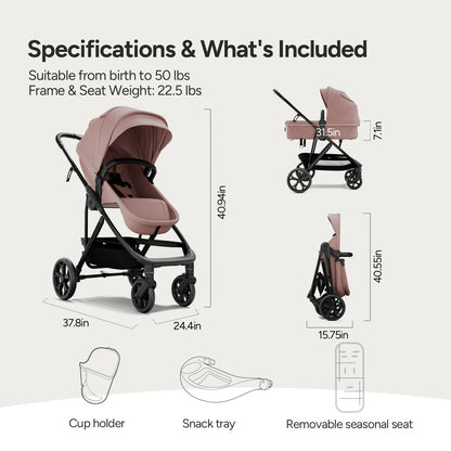 Mompush Baby Stroller, Convertible 2-in-1 with Bassinet Option, Infant Car Seat Compatible, Includes Adapter - Sturdy Full-Size Infant Stroller for Family Adventures