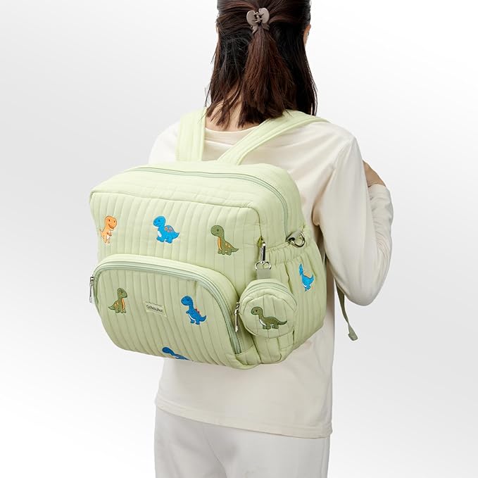 GOBABYMART Diaper Bag Backpack with Changing Pad - Travel Baby Bag, Insulated Bottle Pockets, Stroller Straps (Medium - Green Dinosaurs)