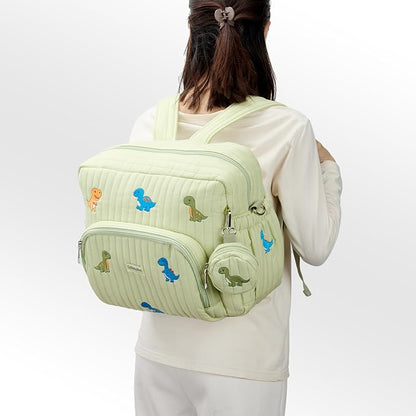 GOBABYMART Diaper Bag Backpack with Changing Pad - Travel Baby Bag, Insulated Bottle Pockets, Stroller Straps (Medium - Green Dinosaurs)